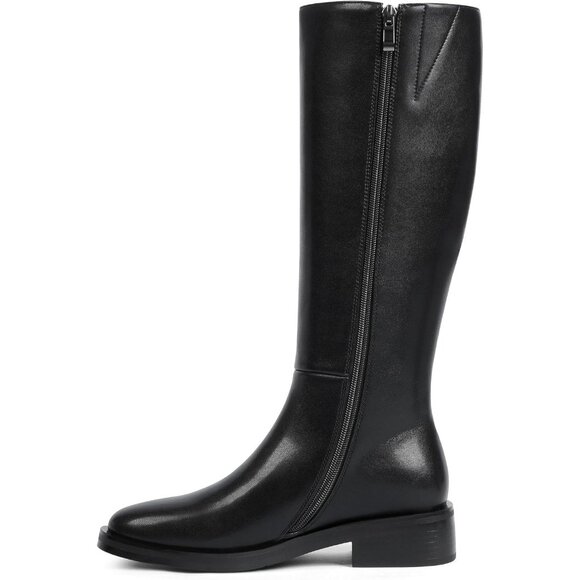 Women Polyurethane Pu Black Round Toe Flat Heel Side Zipper Knee High Tall Boots - Picture 6 of 7
